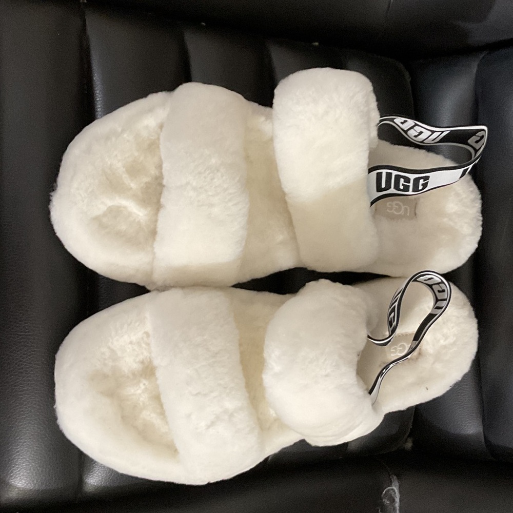 UGG Cream Fluff Double-Strap Slide Sandals with Branded Heel Strap